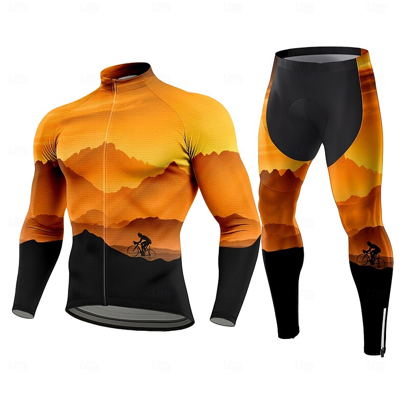 Men's Cycling Jersey with Tights Long Sleeve Orange Bike Thermal Warm 3D Pad Quick Dry Anatomic Design Ultraviolet Resistant Sports Graphic Cloud Patterned Clothing Apparel