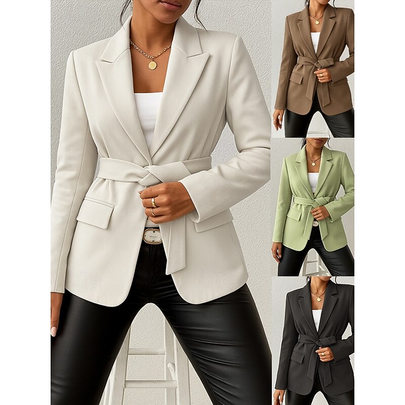 Women's Blazer Comfortable Breathable Lace up Pocket Casual Plain Office Street Casual Daily Wear Open Front Regular Turndown Regular Fit Long Sleeve Outerwear Black Green Beige Summer Fall