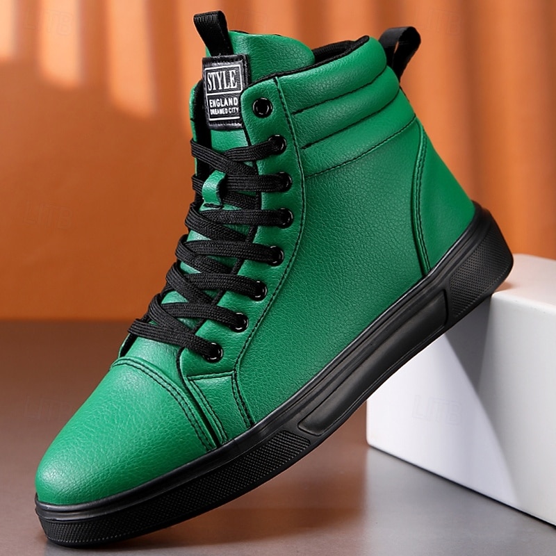 Men's Green Faux Leather High-Top Sneakers with Black Sole, Fashion Lace-Up Casual Shoes for Streetwear, Parties and Daily Wear