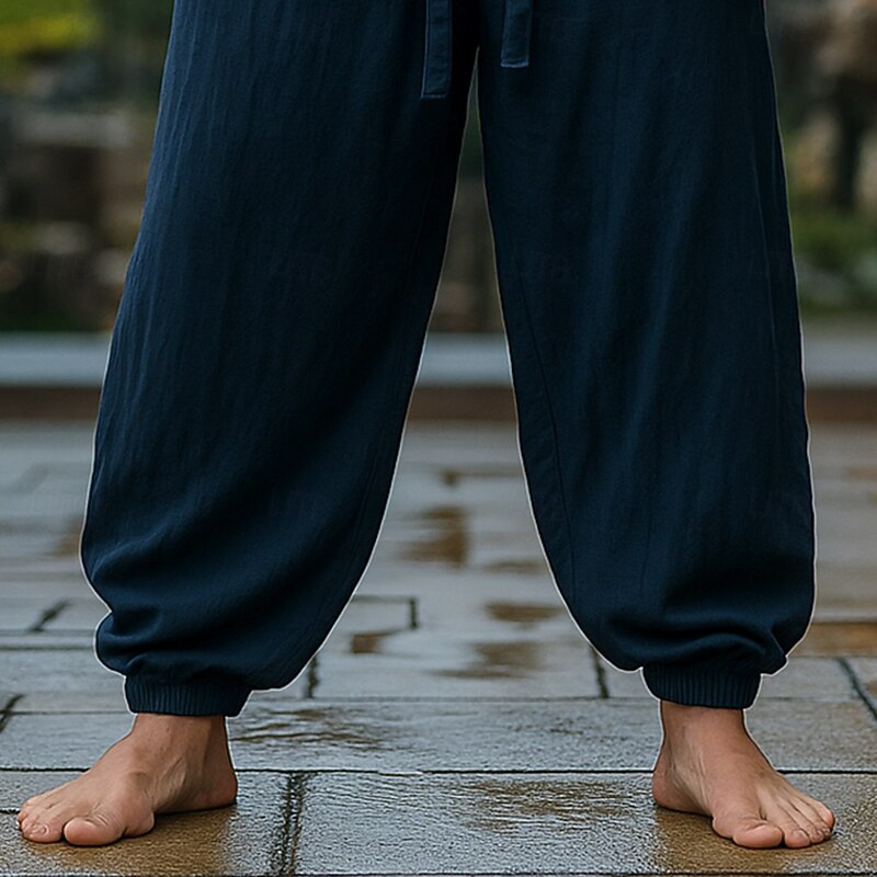 Men's Linen Pants Trousers Summer Pants Baggy Pants Elastic Cuff Plain Comfort Breathable Full Length Outdoor Casual Daily Vacation Vintage Army Green Red Inelastic3