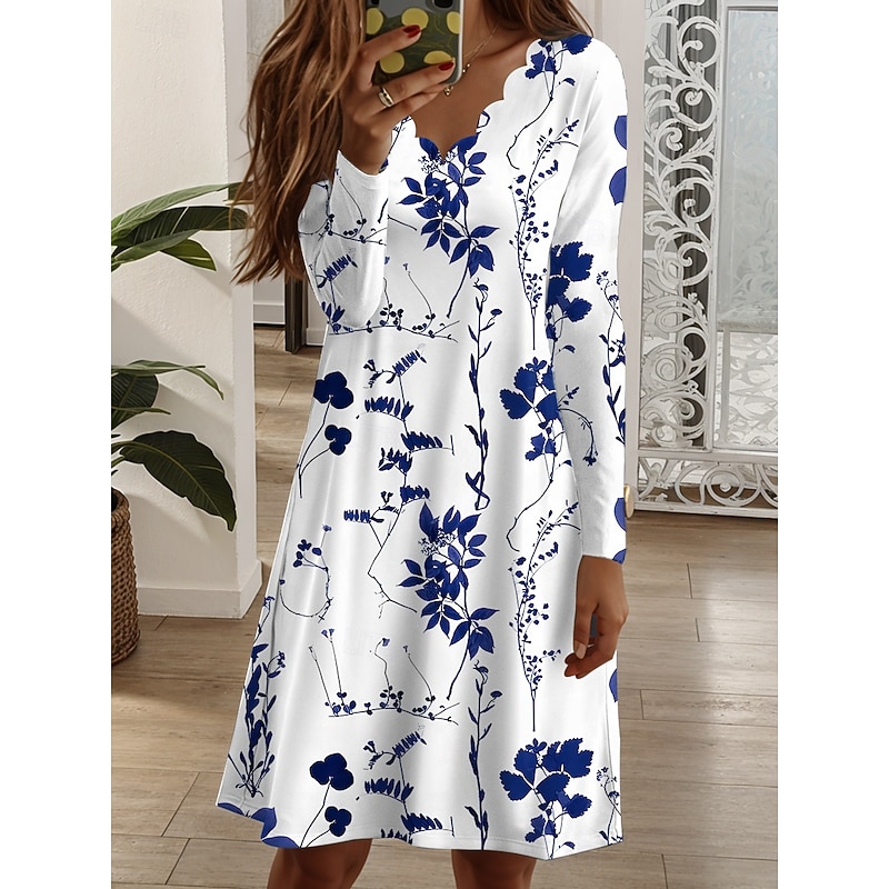 Women's Mini Dress Shift Dress A Line Dress Casual Daily Regular Fit Floral Graphic Long Sleeve V Neck Yellow Red Blue Purple Spring Fall Winter