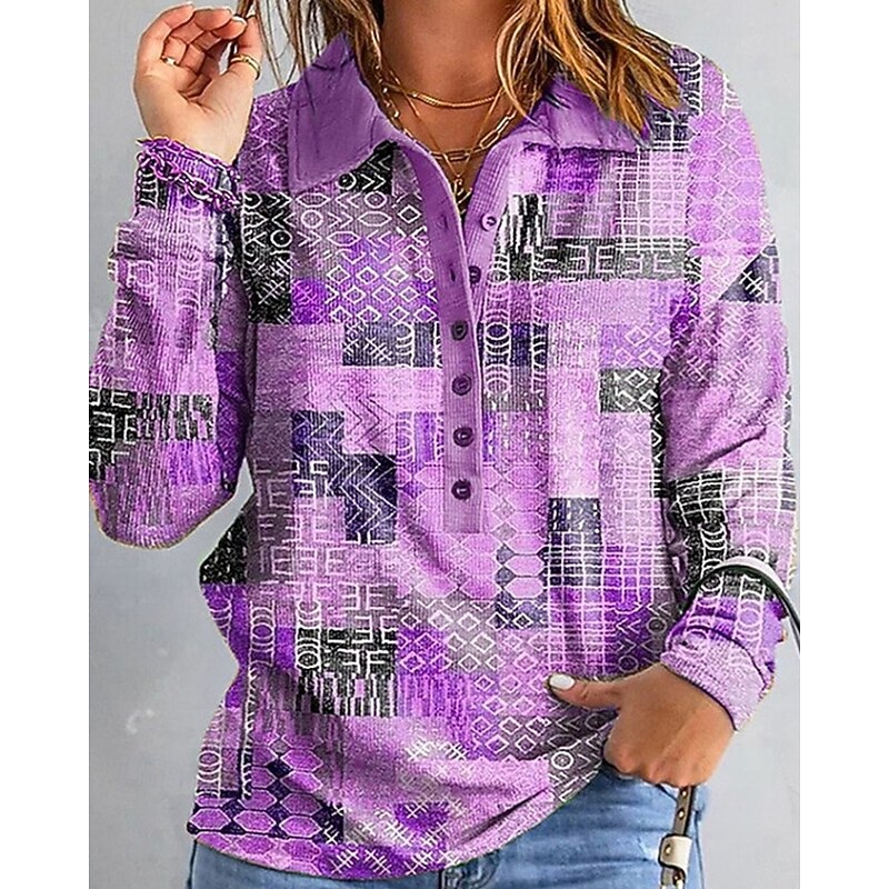 Women's Shirt Geometric Daily Stylish Basic Long Sleeve Shirt Collar Regular Tops Work Daily Holiday Buttons Print Pink Sky Blue Purple Green Khaki Spring Fall4
