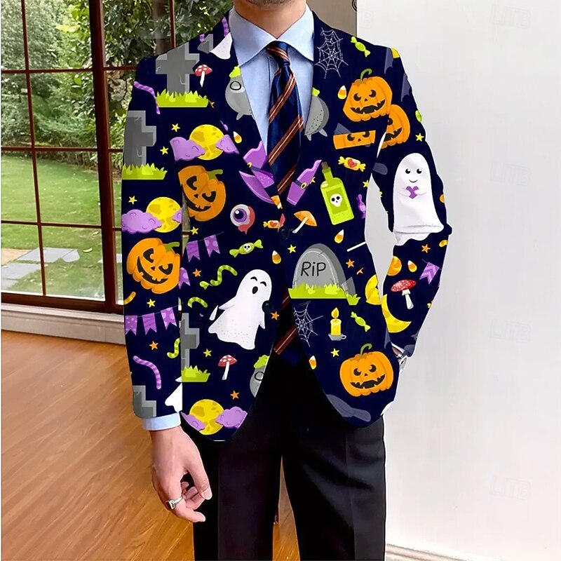 Halloween Men's Coat Blazer Outdoor Street Casual Casual Daily British All Seasons 100% Polyester Pumpkin 3D Print Buttons Thermal Warm Comfortable Single Breasted Blazer Blue