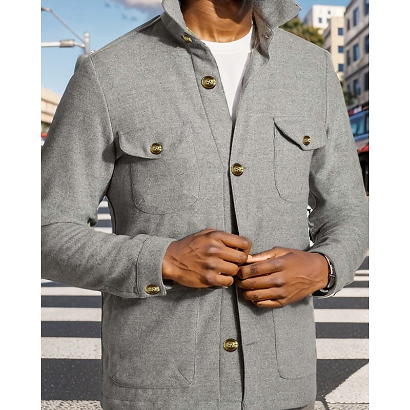 Men's Lightweight Jacket Shirt Jacket Casual Jacket Shacket Vacation Daily Breathable Pocket Spring Fall Plain Fashion Classic Lapel Regular Black Brown Gray Jacket