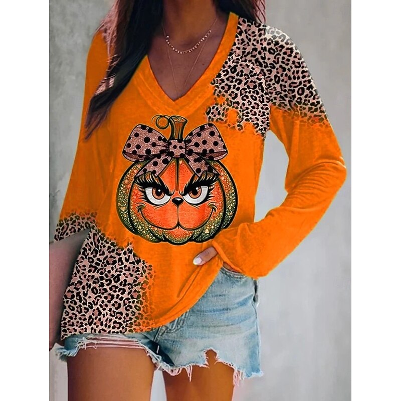 Halloween Women's T shirt Pumpkin Long Sleeve Graphic Animal Vintage Stylish Western Long Sleeve V Neck Regular Tops Daily Weekend Vacation Wear Print Blue Orange Green Spring Fall Witch Prefall