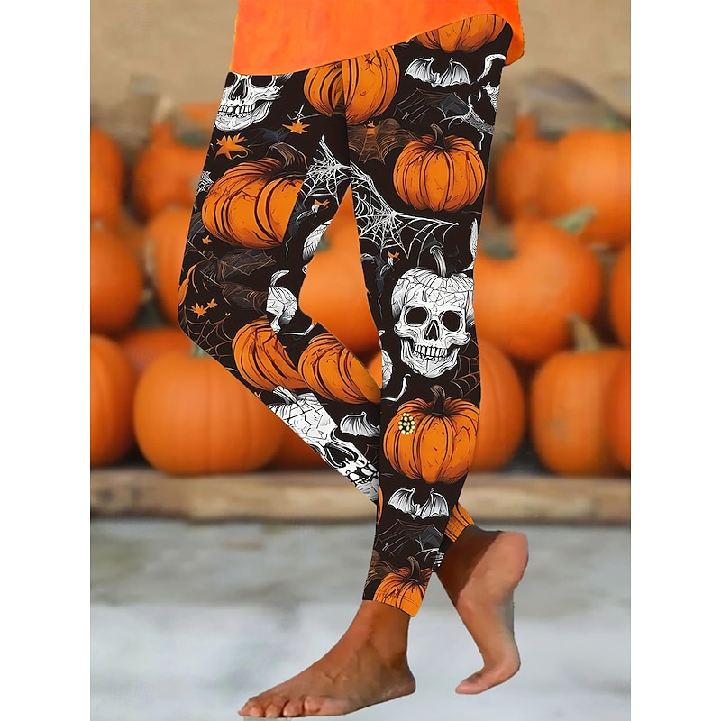 Women's Leggings Vacation Vintage Full Length High WaistPantsHalloween Graphic Skull Halloween Printing Thermal Warm Soft Breathable Stretchy Outdoor Holiday Violet White Orange Spring Fall Slim Fit3
