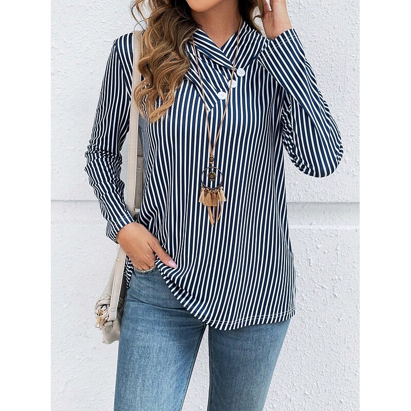 Women's T Shirt Graphic Striped Vintage Stylish Casual Long Sleeve V Neck Regular Tops Daily Weekend Buttons Print Navy Blue Fall Winter3