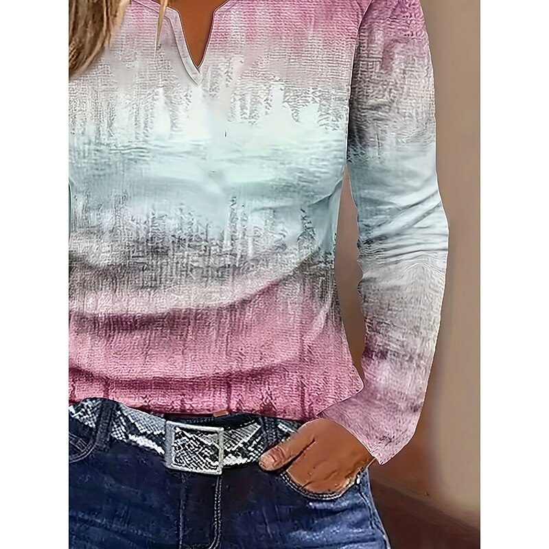 Women's T shirt Long Sleeve Ombre Graphic Striped Vintage Stylish Classic Long Sleeve Notched Neck Regular Tops Daily Weekend Print Pink Spring Fall Prefall3