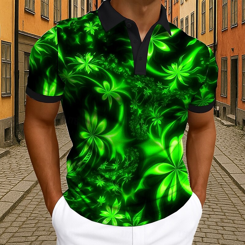 Men's Floral Polo Short Sleeve Polo Shirts Collared Shirts Casual Athleisure 3D Print Buttons Summer Lake blue Blue Green