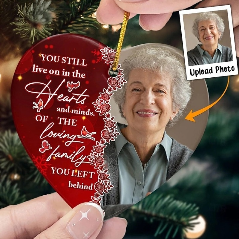 Personalized Christmas Photo Ornaments Custom Memorial Heart Shaped Acrylic 2D Decor Christmas Tree Xmas Decoration Hanging Pendant Gifts
