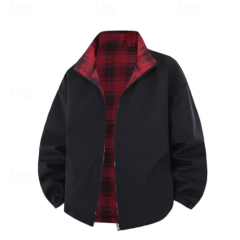 Men's Reversible Jacket Outdoor Vacation Warm Zipper Pocket Fall Winter Plain Fashion Streetwear Standing Collar Regular Apricot Black Red Light Blue Jacket4