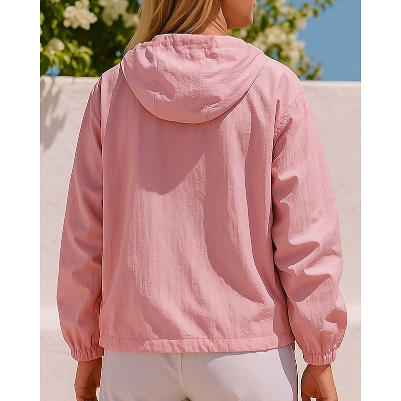 Women's Hooded Jacket Sport Jacket Zip Up Pocket Long Sleeve Top Athleisure Fall Solid Colored Sun Protection Lightweight Outdoor Travel Sports Sportswear Activewear Black White Pink2