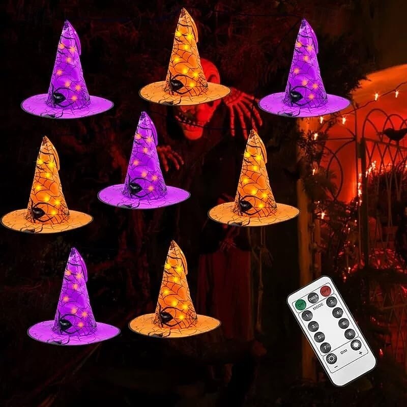 8PCS Halloween Decoration Luminous Hanging Witch Hat Indoor and Outdoor Remote Control Hanging Lights Battery Powered 8 Lighting Modes Suitable for Garden Yard Balcony Porch Decorations