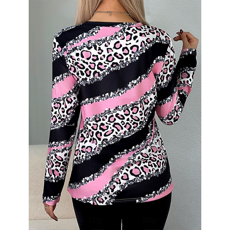 Women's T shirt Long Sleeve Graphic Leopard Geometric Vintage Stylish Casual Long Sleeve Crew Neck Round Neck Regular Tops Daily Print Pink  Spring Fall Prefall2