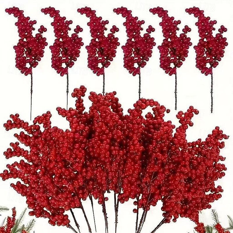 12/24pcs Christmas Red Artificial Berry Stems – 8.66 Inch (22cm) Christmas Tree Picks for DIY Crafts, Wedding, Home Decor, and Holiday Party Supplies2