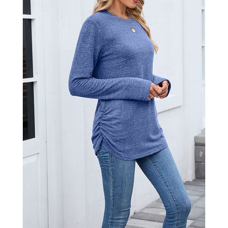 Women's Texture Blouse T Shirt Plain Casual Long Sleeve Crew Neck Regular Tops Daily Weekend Black Wine Army Green Blue Brown Fall3