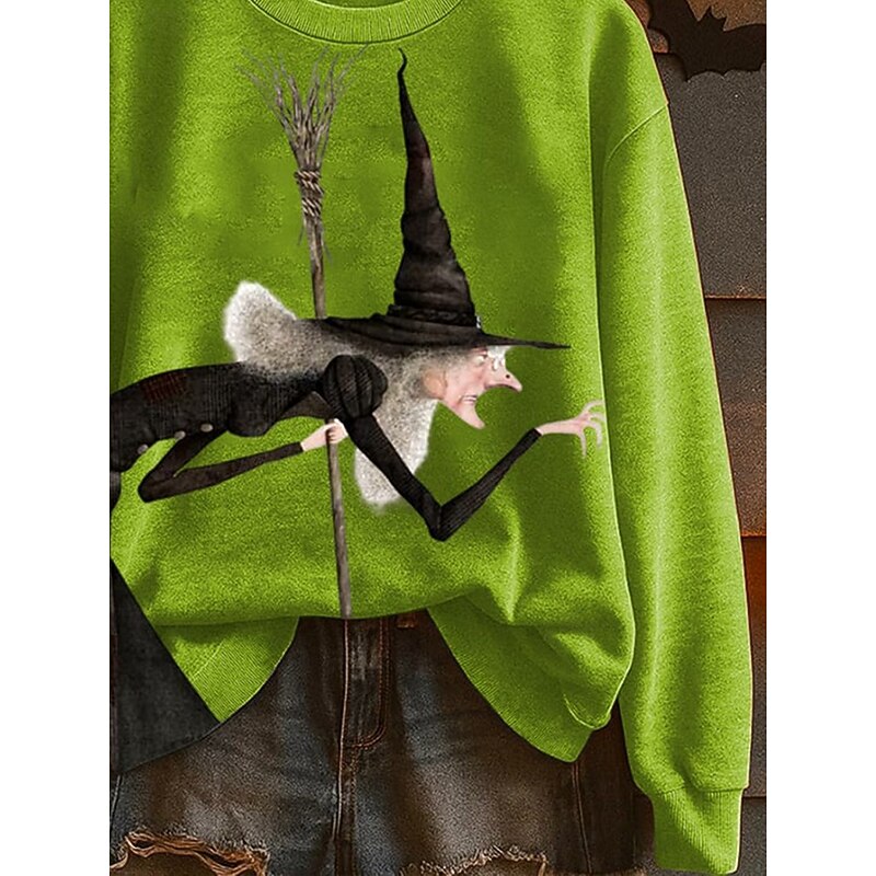 Halloween Women's Pullover Sweatshirt Witch Graphic Fashion Casual Long Sleeve Crew Neck Regular Tops Street Dailywear Casual Print Green Fall Winter3
