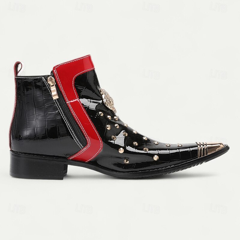 Men's Black and Red Patent Leather Cowboy Boots with Metal Studs – Gothic Punk Western Style Festival & Stage Shoes3