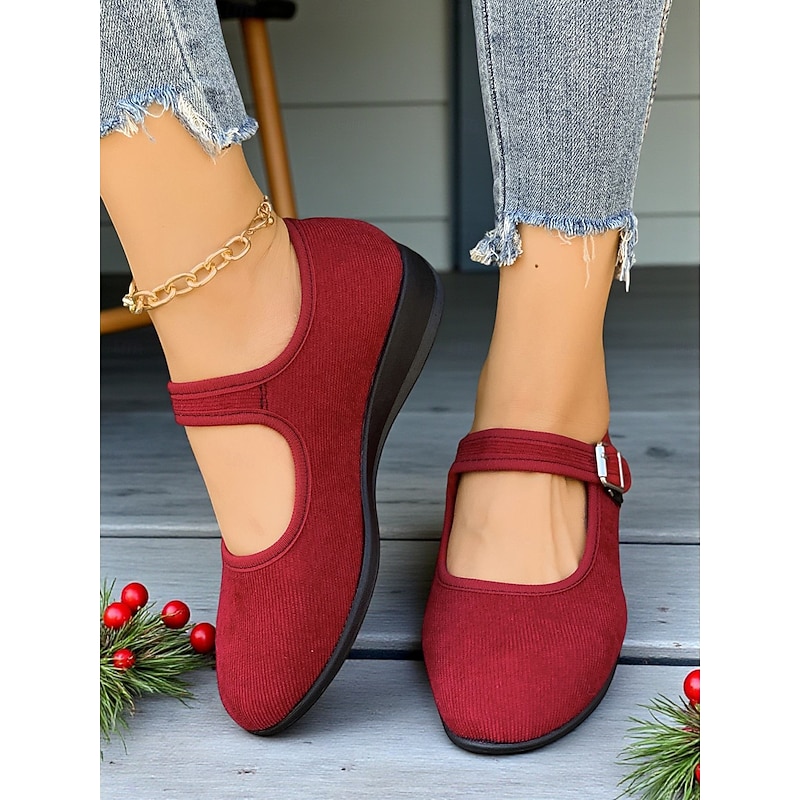 Women's Red Mary Jane Flats with Adjustable Buckle Strap, Comfortable Non-Slip Sole Casual Wear and Festive Christmas Outfits3
