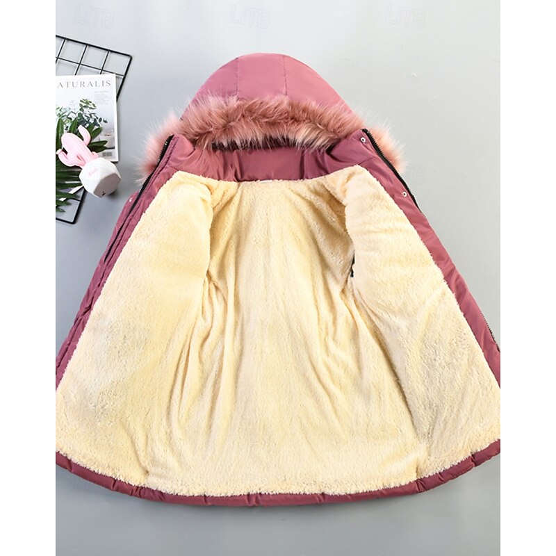 Kids Girls' Down Coat Solid Color Fashion Fur Trim Zipper Pocket School Coat Outerwear 4-12 Years Winter Pink Wine Navy Blue4