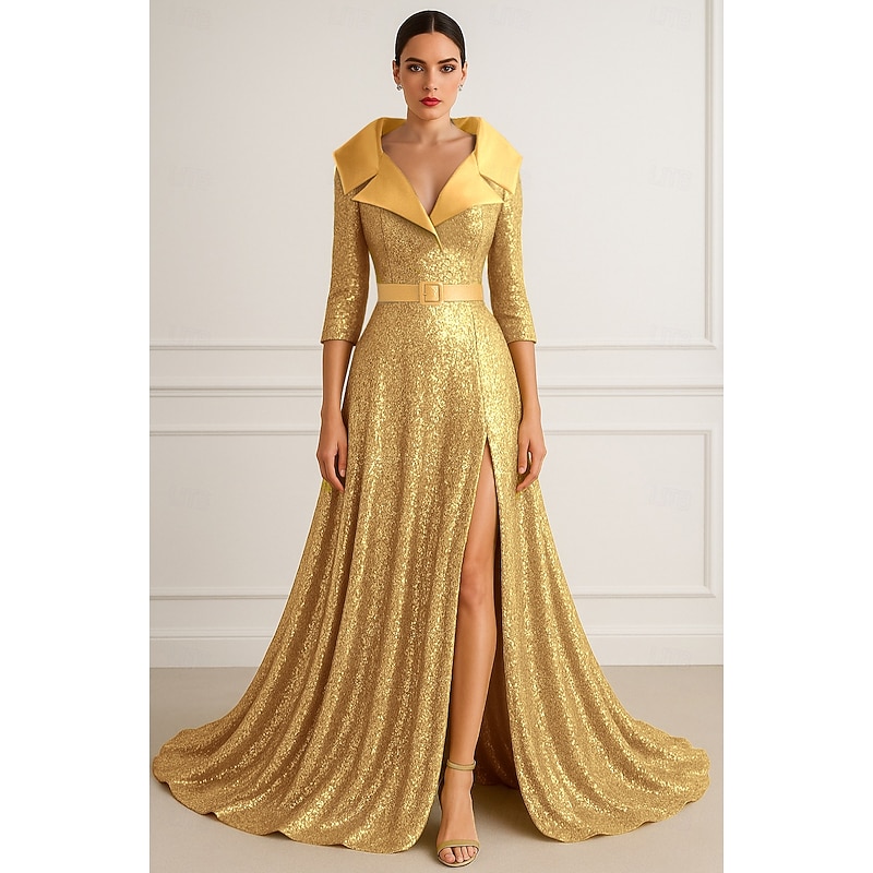 Green Gold Black Sequined A-Line Evening Gown Elegant Dress Formal Wedding Floor Length Half Sleeve Lapel Belt / Sash Satin with Glitter Pleats 20253