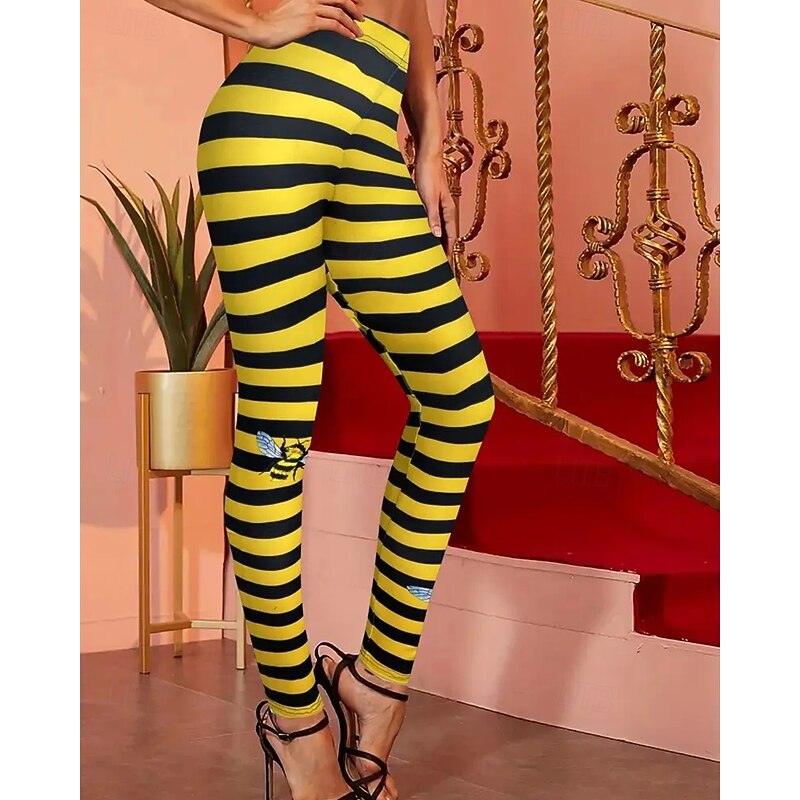 Women's Pants Trousers Leggings Cozy Leggings Streetwear Casual Full Length High Waist Stripe Elastic Waist Print Breathability Comfortable Stretchy Vacation Street Daily Wear Yellow Summer Spring4
