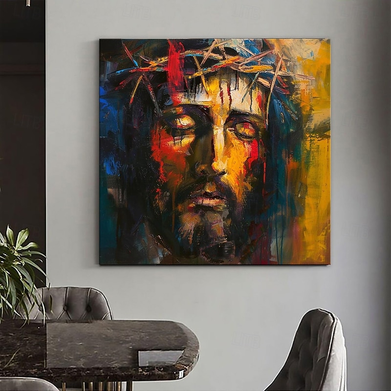 Handmade Oil Painting Acrylic Canvas Wall Art Decoration Religious Figure Jesus Face Knife Drawing for Home Decor Rolled Frameless Unstretched Painting3