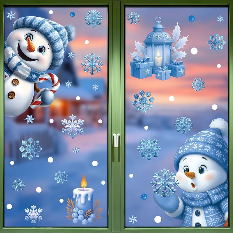 6 Sheets Christmas Window Cling Wall Sticker Decals Decorations, Creative Bells, Reindeer, Santa Claus, Snowflakes & Snowmen, Static Cling, Christmas Party Home Decor3