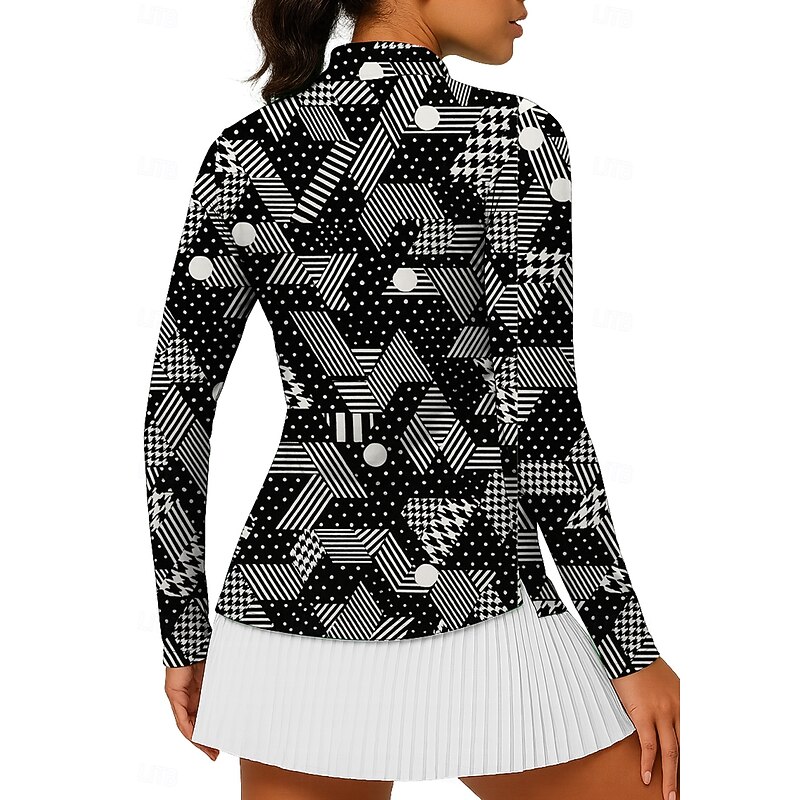 Women's Geometric Tops Golf Polo Shirt Tennis Shirt Tennis Tee Long Sleeve Print Quarter Zip Pullover UV Protection Elastic Breathable Tennis Golf Pickleball High Neck Zip Collar Shirt Polo Black2