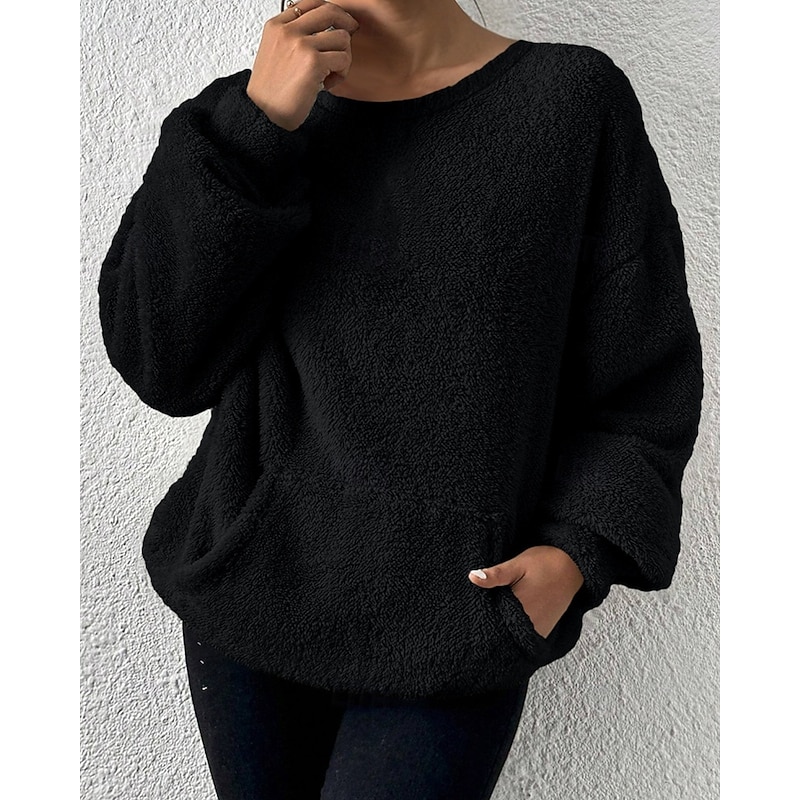 Women's Hoodies Plain Streetwear Casual Long Sleeve Crew Neck Regular Tops Street Holiday Pocket Black Fall Winter2