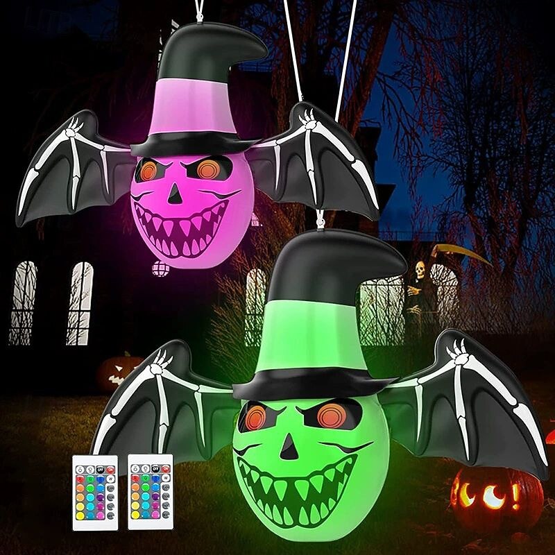 1/2PCS Halloween Funny Horror Atmosphere Decoration Props PVC Ghost LED Colored Light Glowing Bat Inflatable Toy Ghost Festival Party Home Indoor and Outdoor Decoration