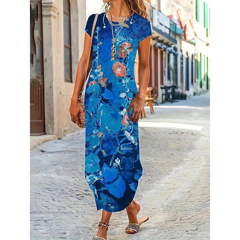 Women's Maxi Dress Sheath Dress T Shirt Dress Tee Dress Casual Boho Wedding Guest Daily Date Floral Graphic Long Sleeve Crew Neck Blue Green Gray Spring Fall Winter Autumn