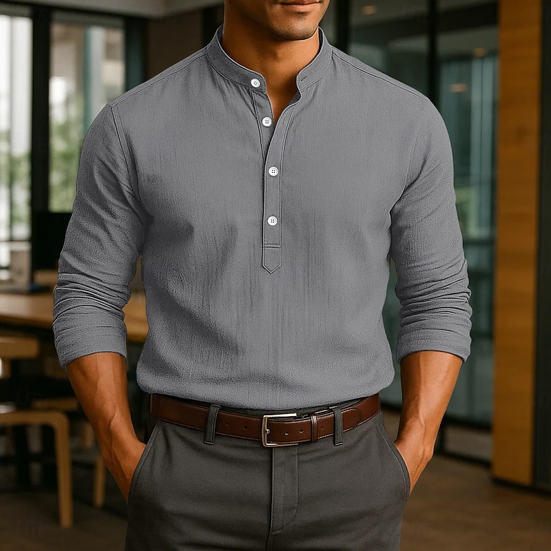 Men's Linen Shirt Popover Shirt Dress Shirt Casual Shirt Beach Shirt Band Collar Shirt Plain Vacation Casual Black White Pink Blue Long Sleeve Band Collar Spring & Summer All Seasons Clothing Apparel