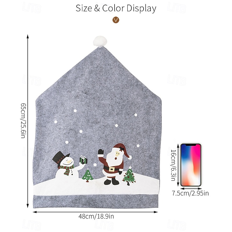 2Pcs Christmas Gray Chair Covers, Non-Woven Santa Claus & Snowman Chair Back Covers, Holiday Dining Chair Decorations, Gray Printed Santa Hat Slipcovers2