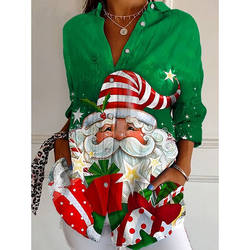 Christmas Women's Shirt Graphic Christmas Tree Elegant Bohemia Vintage Long Sleeve Shirt Collar Regular Tops Work Daily Buttons Print Pink Red Purple Green Spring Fall Winter3