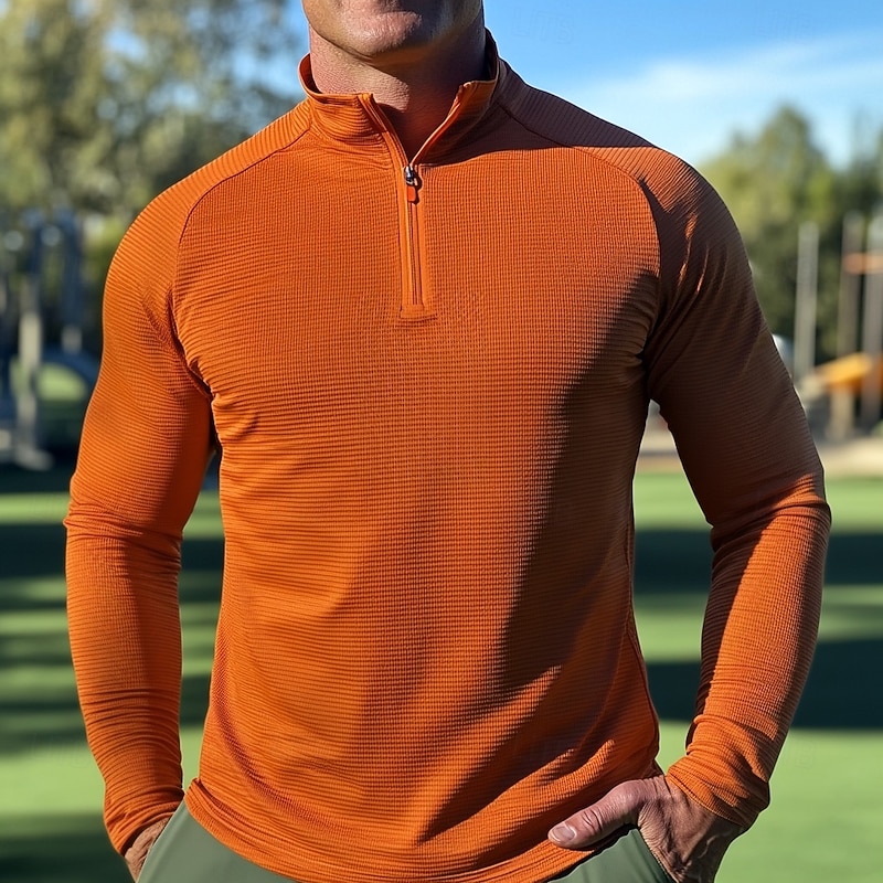 Men's Waffle Polo Shirts Quarter Zip Polo Outdoor Causal Quarter Zip Long Sleeve Fashion Modern Solid Color Textured Knitted Spring &  Fall All Seasons Regular Fit Orange Waffle Polo Shirts