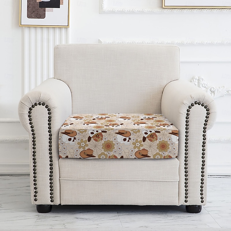 Halloween Seat Cushion Cover, Floral Yarn-Dyed Microfiber Slipcover, Stretchable and Washable for Dining Chairs and Patio Furniture