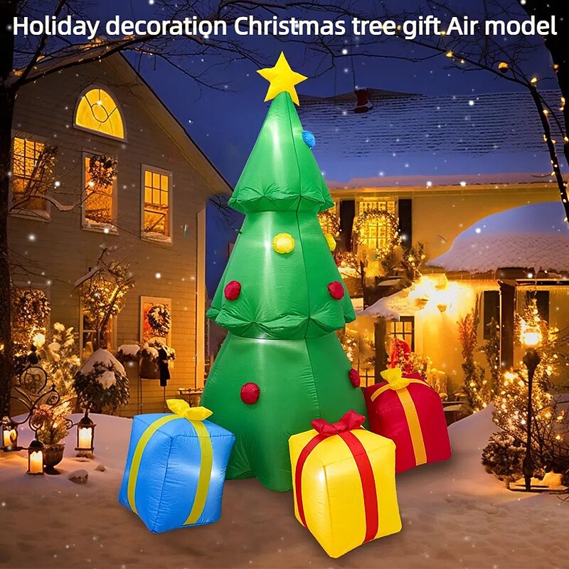 1 Pc 2.3M/7.5FT Christmas tree gift box light emitting inflatable air model indoor and outdoor courtyard garden lawn party Christmas holiday atmosphere decoration light EU/US/UK/AU Plug4