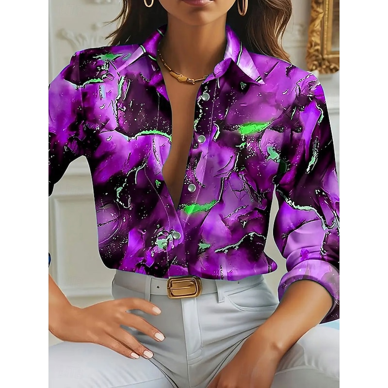 Women's Shirt Work Shirt Geometric Marble Elegant Stylish Modern Long Sleeve Shirt Collar Regular Tops Work Party Evening Wear Daily Glitter Blue Purple Green Gray Spring, Fall, Winter, Summer4