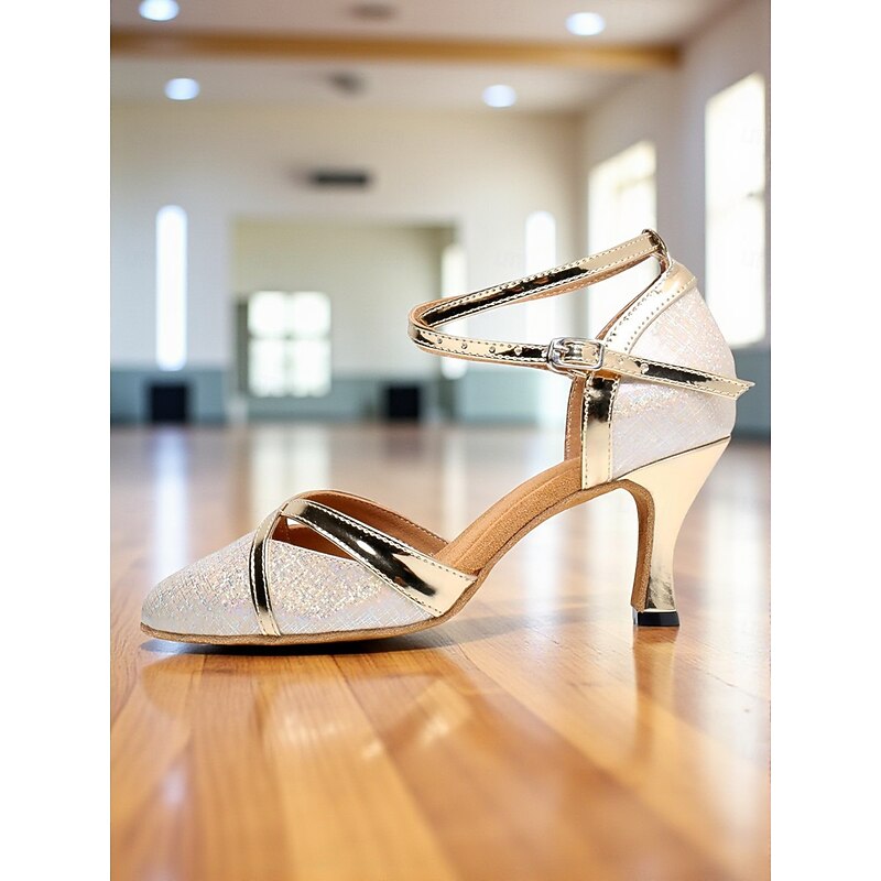 Women's Gold Glitter Ballroom Dance Shoes with Cross Straps, Closed Toe, Mid Heel - Professional Latin and Standard Performance Footwear for Competitions and Practice3