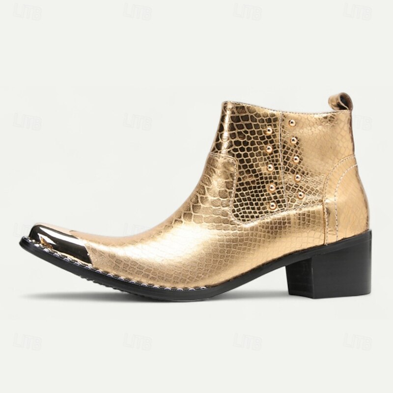 Men's Gold Crocodile Print Ankle Boots – Luxury Metallic Cowhide Zip-Up Boots with Stud Accents for Performances, Galas and Nightlife Wear4