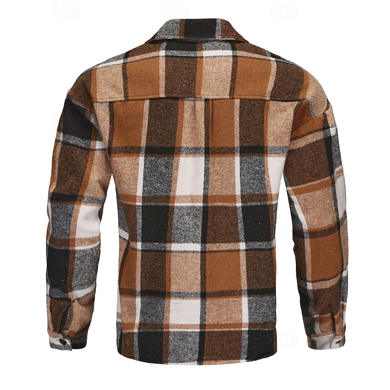 Men's Shirt Jacket Casual Jacket Vacation Daily Thermal Warm Pocket Spring Fall Plaid Fashion Classic Lapel Regular Dark Gray Yellow Orange Light Grey Rose Jacket3