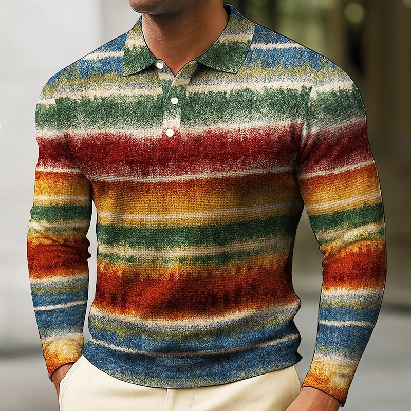 Men's Striped Waffle Polo Shirts Long Sleeve Polo Shirts Collared Shirts Vintage Athleisure Daily Wear 3D Print Buttons Spring Fall Red Blue Green