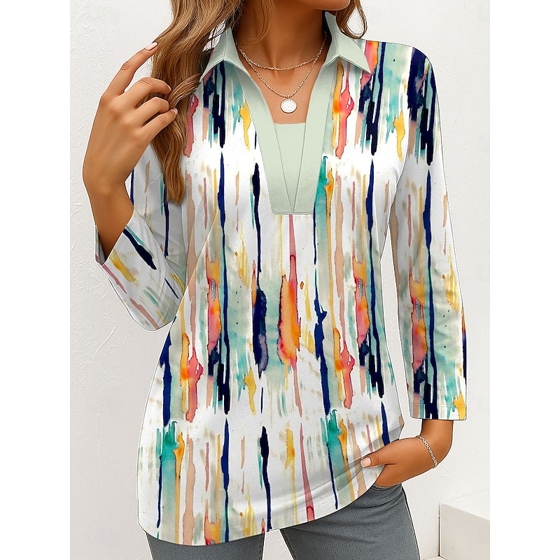 Women's T Shirt Graphic Geometric Abstract Vintage Stylish Modern Long Sleeve V Neck Shirt Collar Regular Tops Daily Weekend Formal Wear Print Purple Orange Green Summer Spring Fall Winter
