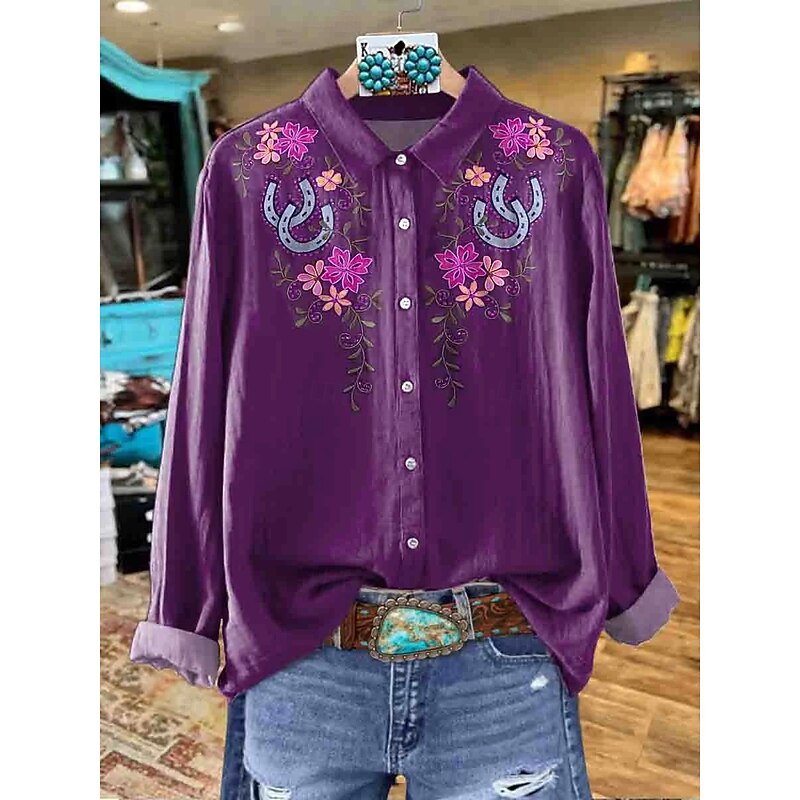 Women's Shirt Floral Graphic Elegant Bohemia Daily Long Sleeve Shirt Collar Regular Tops Work Daily Ruched Embroidered Buttons Blue Purple Brown Green Spring Fall Winter