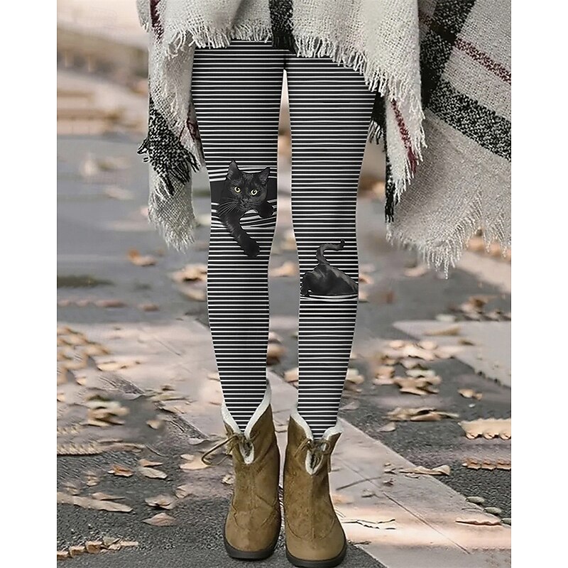 Women's Pants Trousers Leggings Cozy Leggings Streetwear Casual Full Length High Waist Cat Striped Elastic Waist Print Breathability Comfortable Stretchy Vacation Street Daily Wear Black 1# Black