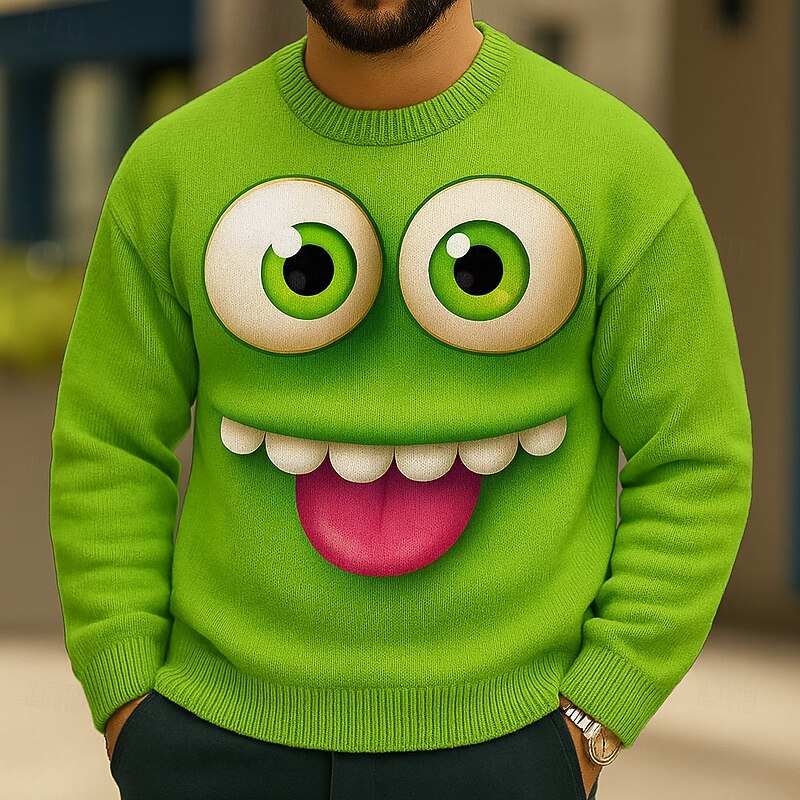 Men's Cartoon Human face Sweater Pullover Sweater Jumper Crewneck Casual Outdoor Home Daily Embroidered 3D Print Knitting Long Sleeve Spring Fall Winter Black Red Blue3