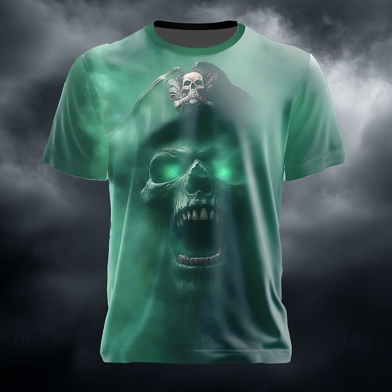 Halloween Men's Optical Illusion Grim Reaper 3D Pirate T Shirt Short Sleeve T shirt 3D Print Crew Neck Shirt Exaggerated Designer Horror Party Street Holiday Lake Blue Blue Green Summer Spring All2