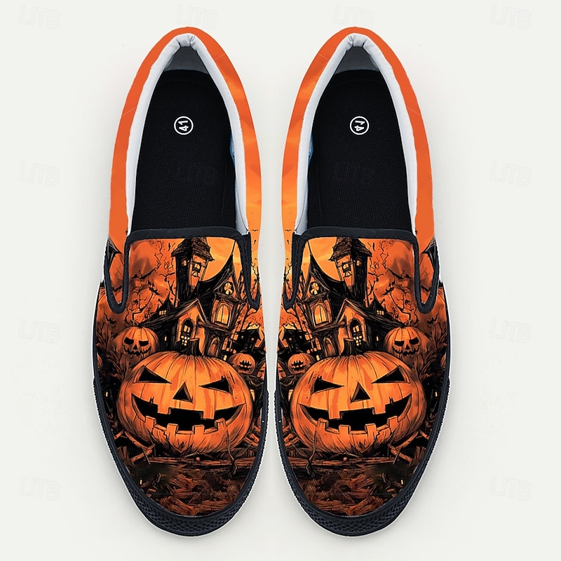 Men's Pumpkin Print Halloween Slip-On Shoes – Casual Canvas Flats for Costume Party, Cosplay and Holiday Outfits