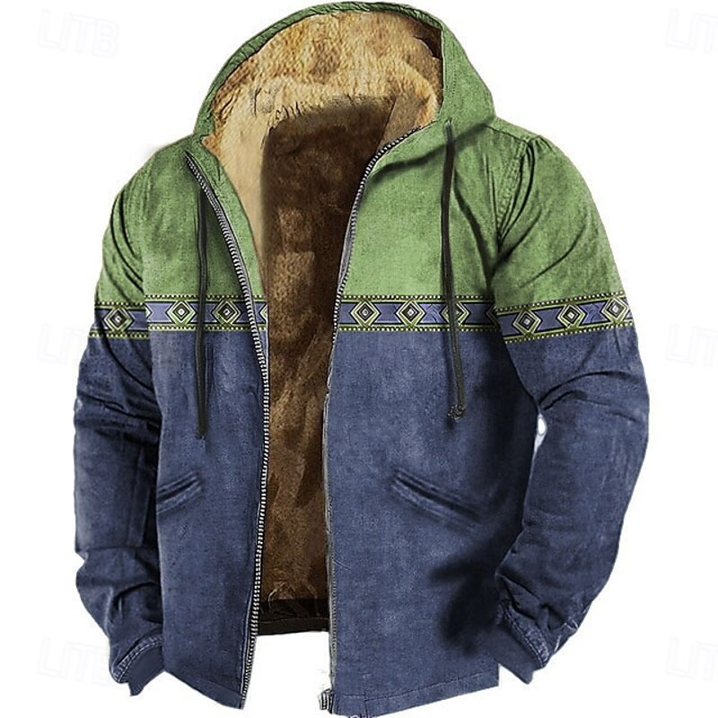 Men's Aztec Fleece Hoodie Sweatshirt Ethnic Vintage Retro Long Sleeve Crew Neck Outdoor Streetwear Lake blue Blue Drawstring Fall Winter Designer3